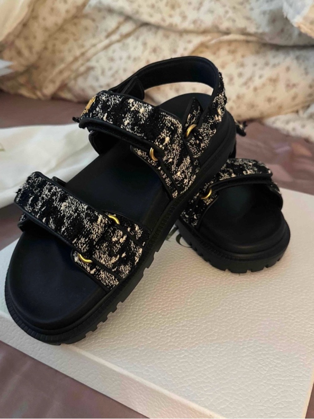 Dior Black and White Patterned Logo Strap Sandals - Picture 2 of 4
